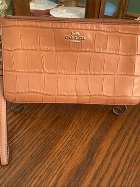 Coach Tan/Salmon Crocodile-Embossed Leather Clutch/Wristlet.